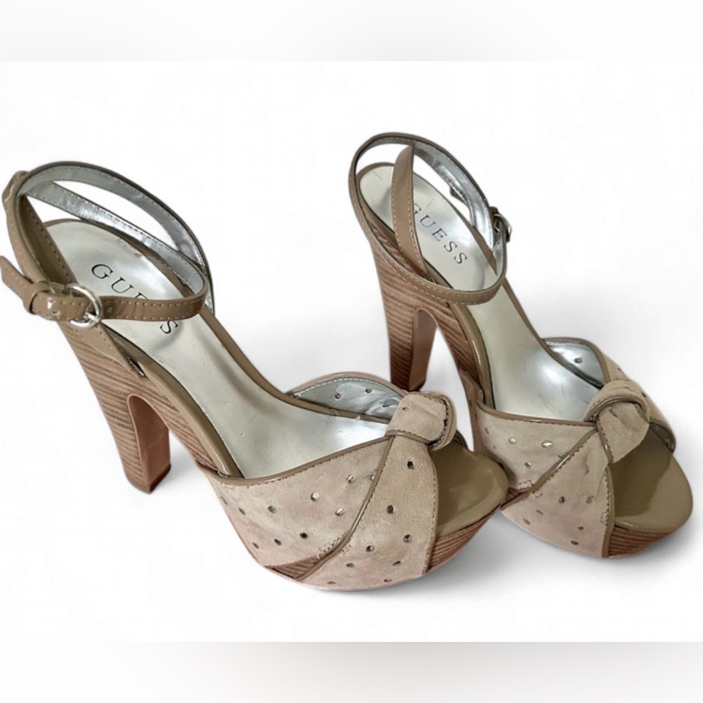 Vtg Pin-Up Style Peep Toe Ankle Strap Hidden Platform Suede Sandals - Picture 3 of 16